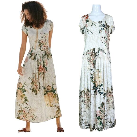Peruvian Connection Dresses & Skirts - Peruvian Connection | Antique Floral Print Short Sleeve Soft Cream Midi Dress M